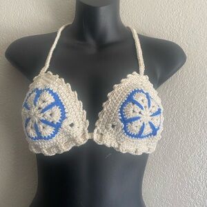 Crochet Bikini Top with Blue Floral Design